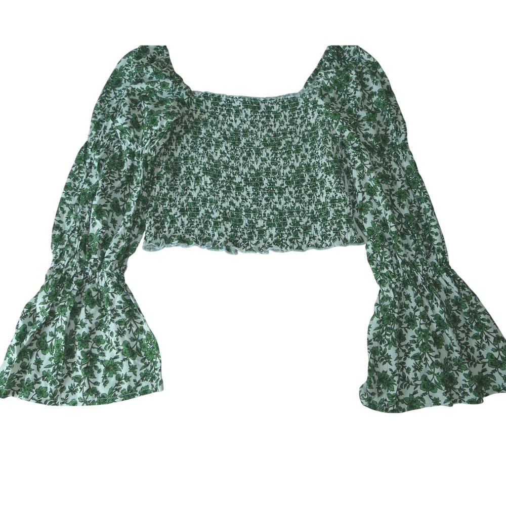 Mi Ami Francesca's Green Floral Smocked Crop Top Bell Sleeve Womens Medium